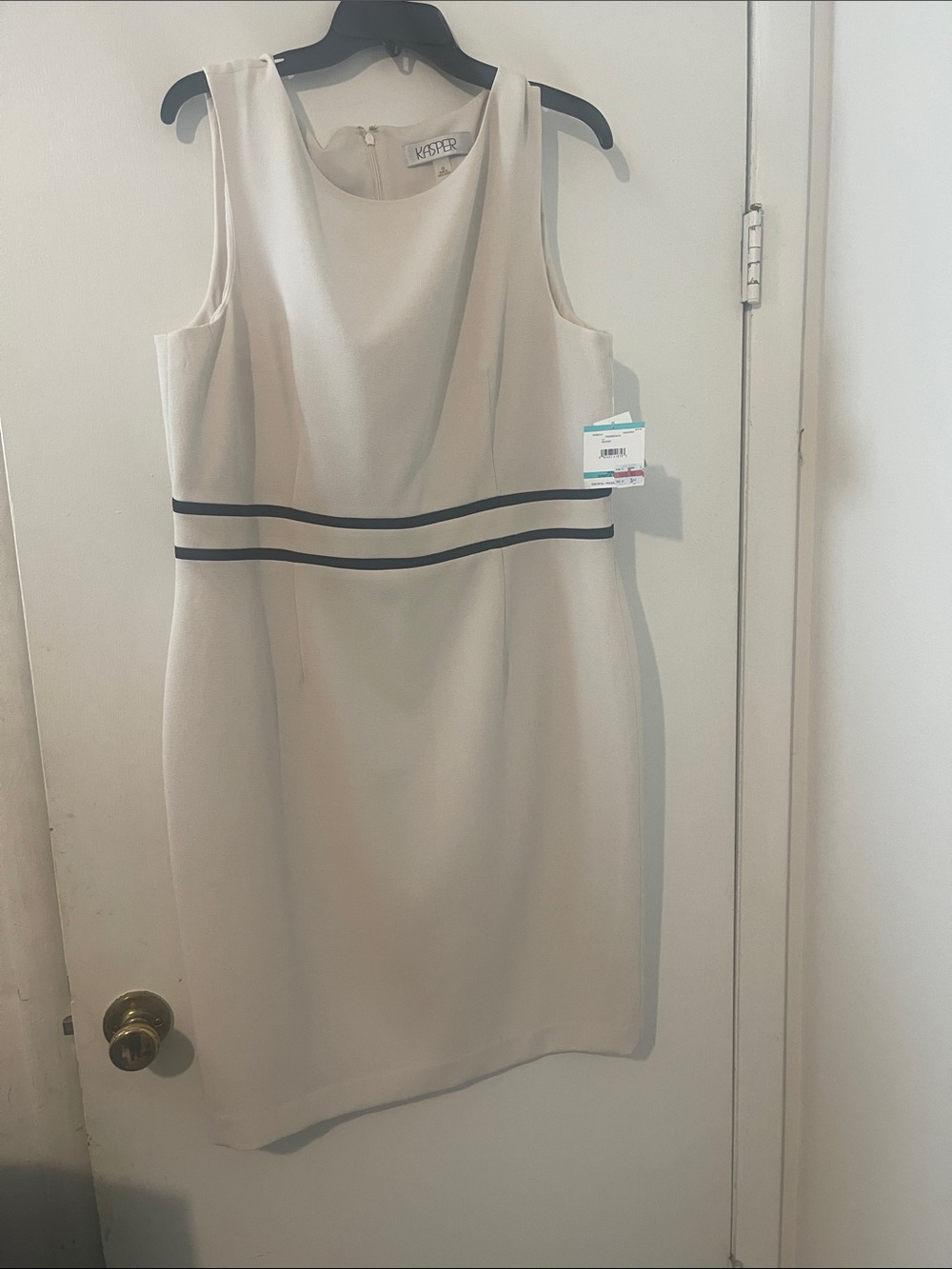 Kasper Sleeveless Cream Sheath Dress with Black Double Waistband